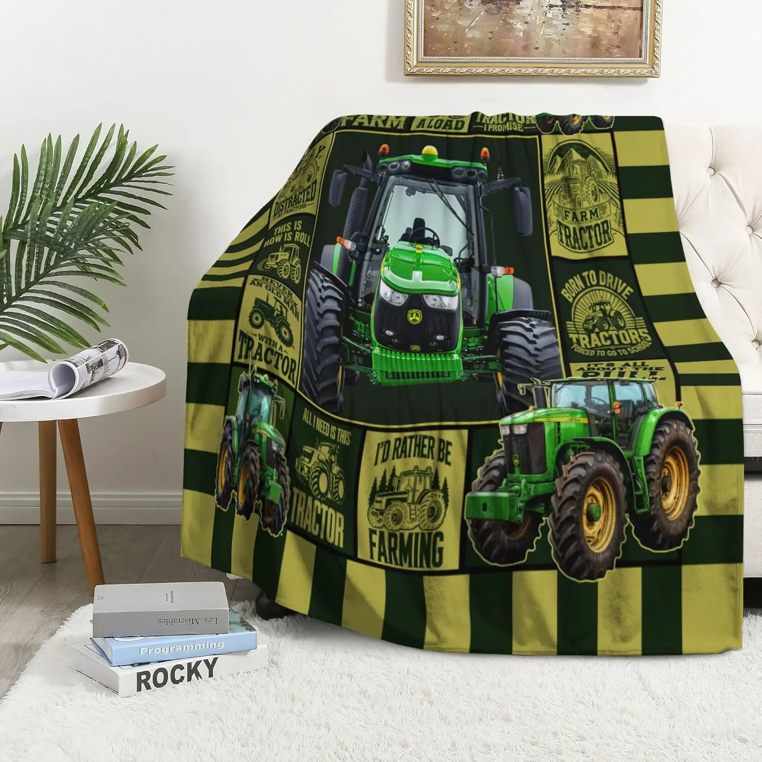 Farmhouse Tractor Pattern Throw Blanket Rustic Country Home Decor Gift for Spring Autumn Cozy Bed Throw