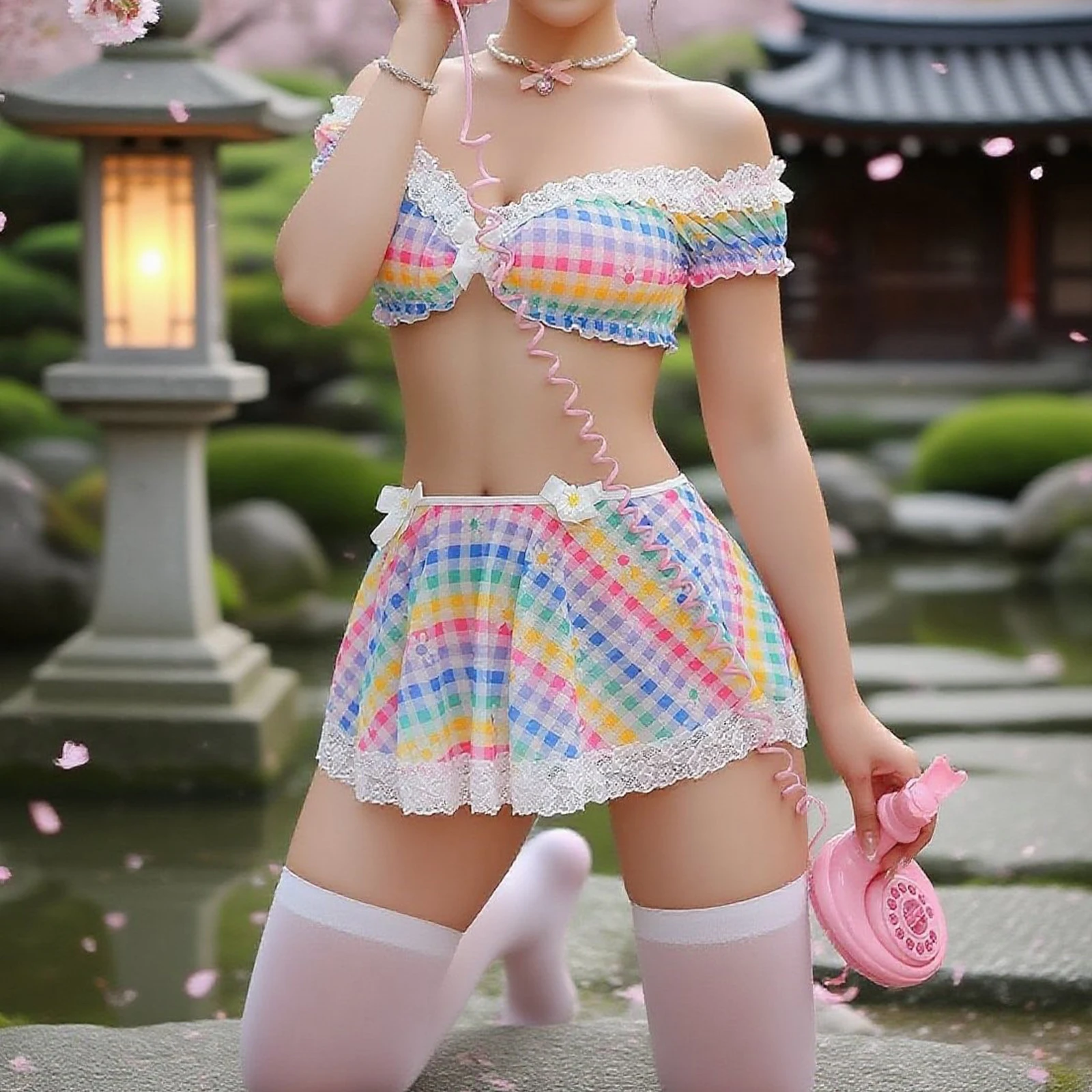 منقوشة قمم ثونغ تنورة صغيرة جوارب الزي المرأة المثيرة المشاغب الملابس الداخلية مجموعات قبالة الكتف