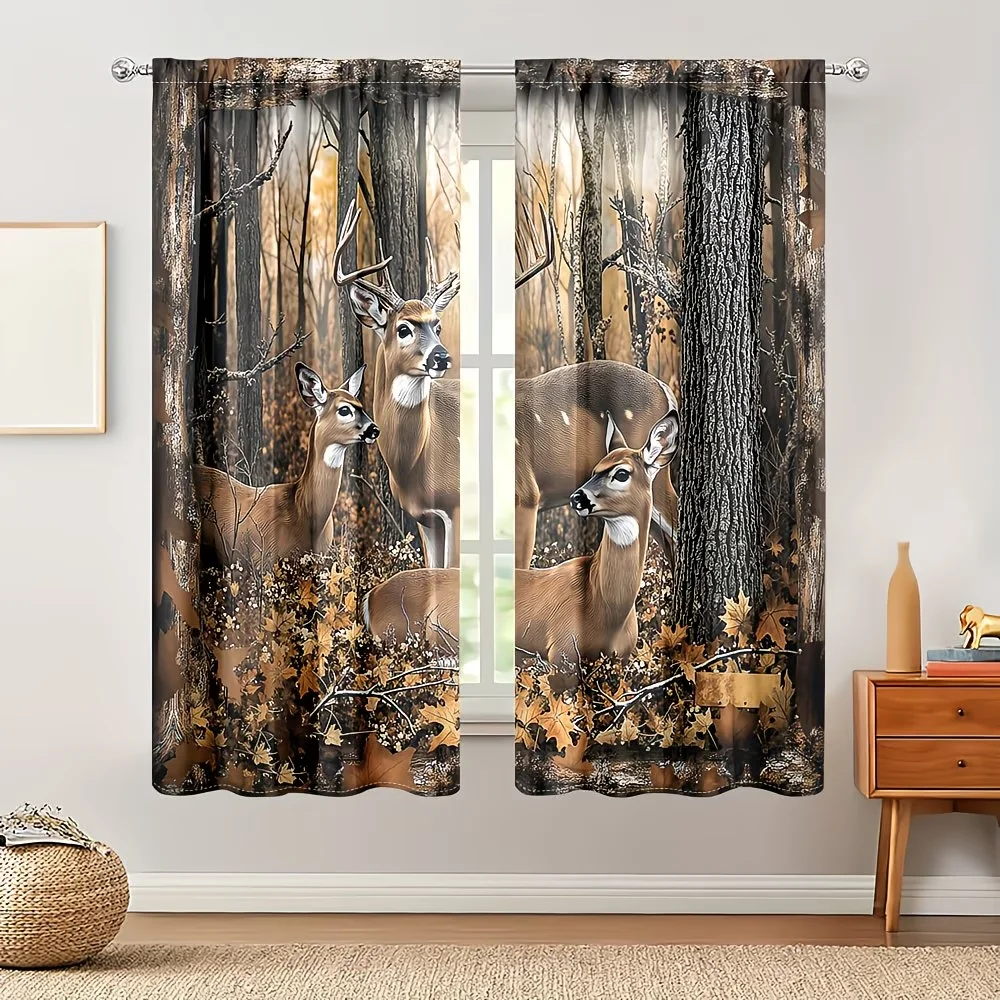 

2Pcs Curtain Natural-Style Forest Deer Window Drapes for Bedroom Living Room Decoration Window Treatment.