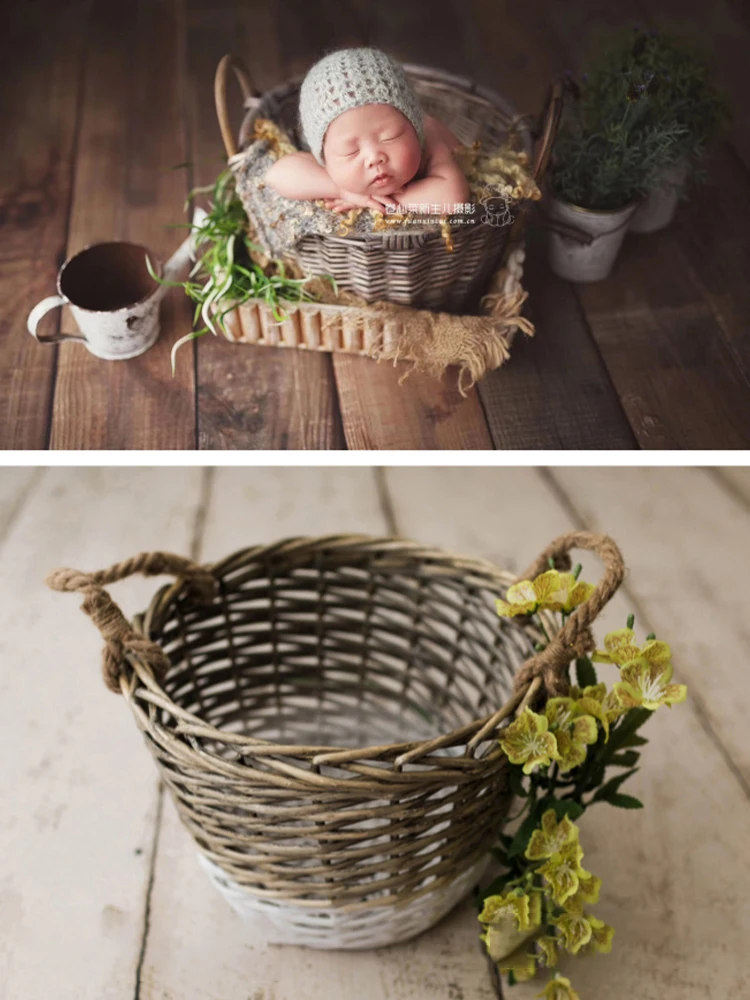 Rattan Basket for Newborn Photography Handwork Woven Retro Basket Chair Baby Posing Props Studio Shooting Container Accessories