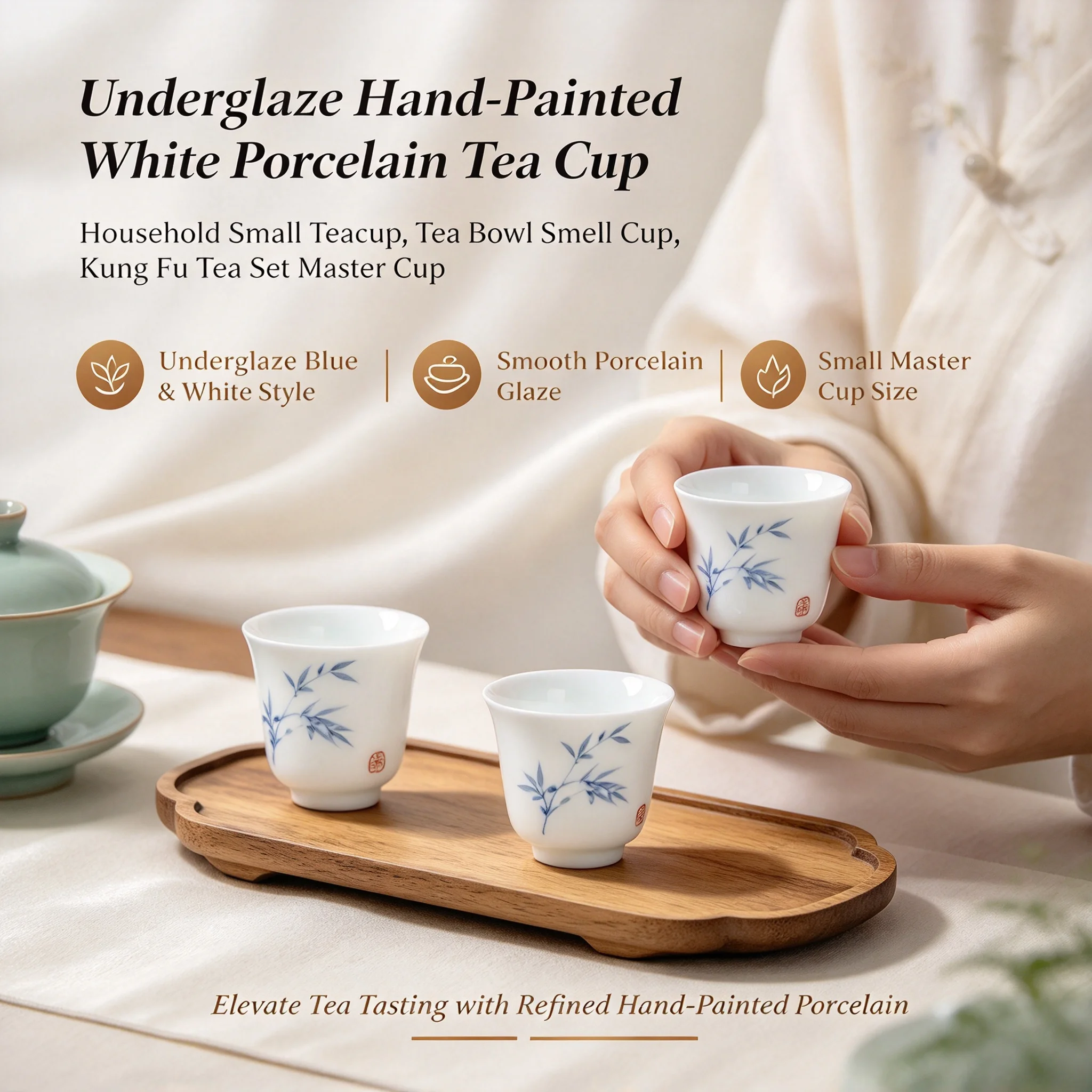Underglaze Hand-Painted White Porcelain Tea Cup Household Small Teacup Tea Bowl Cup Smell Cup Kung Fu Tea Set Master Cup