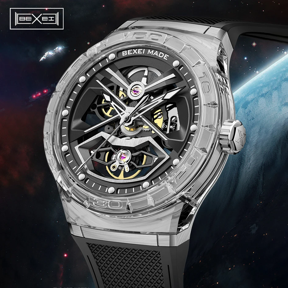 

BEXEI 9196 автоматические механические мужские часы со скелетом TR90 прозрачный корпус с автоподзаводом и сапфировым стеклом мужские роскошные часы водонепроницаемые