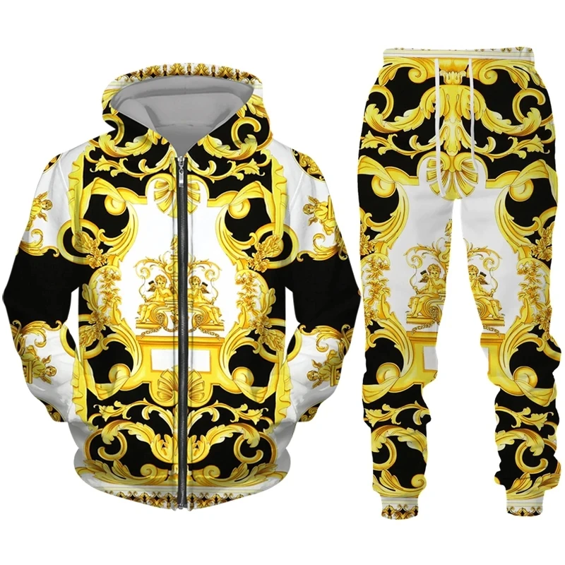 Luxury Golden Pattern 3D Print Men\'s Zipper Tracksuit Set Casual Hoodie+Pants 2pcs Sets Oversized Sweatshirt Fashion Men Clothes