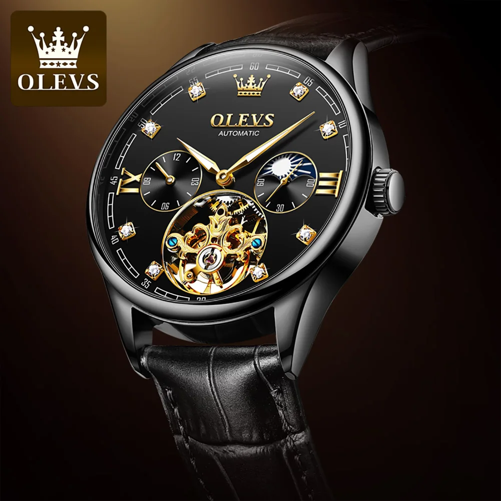 OLEVS 3601 Mens Watch Original Business Brand Mechanical Watch Waterproof Luminous Moon Phase Leather Strap Reloj Mens Gifts