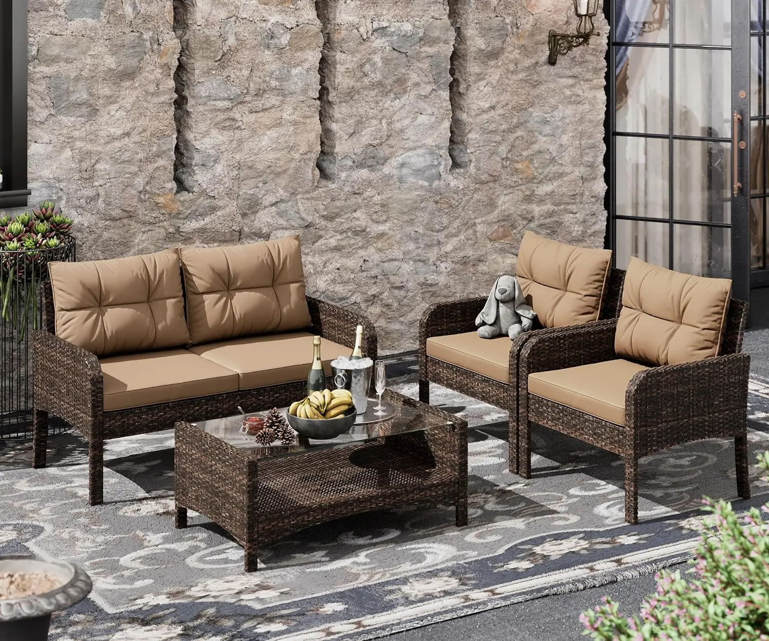 

4-Piece Patio Furniture Set Outdoor Rattan Wicker Sofa Set with Cushions & Coffee Table, Conversation Sofa Set with Tempered