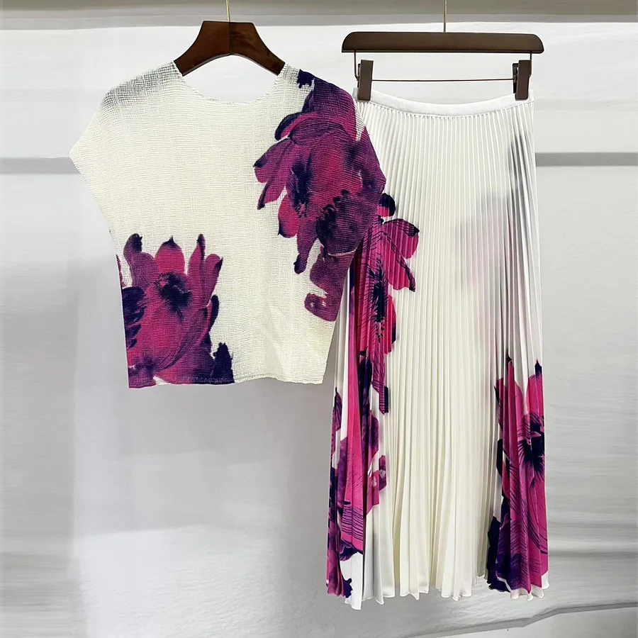 

Skirt Suits Women's Clothing 2023 Summer New Big Flowers Printed Stretchable Miyake Pleated T-Shirt Top + Elegant Long Skirt