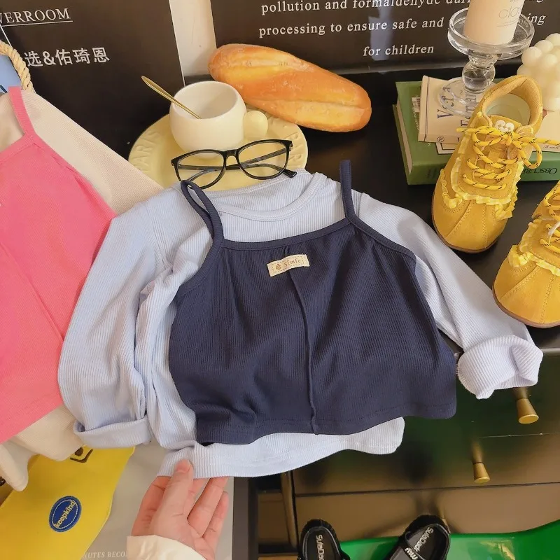 Autumn New Korean Trendy Dopamine Long Sleeve T-shirt and Tank Top Set Color Contrasting Two Piece Set Fashion Top 1-8 Years
