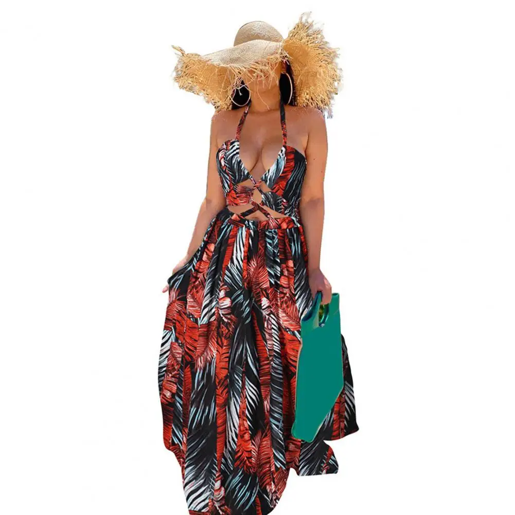 

Summer Vacation Dress Stunning Leaf Print Maxi Dress for Women Halter Neck Backless Vacation Beach Dress with A-line for A