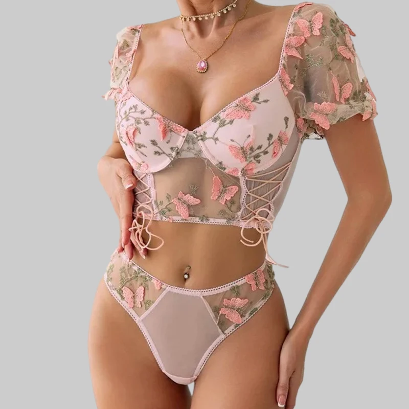 

Tornova женское нижнее белье с вышивкой и бантом, сексуальное интересное нижнее белье с пышными рукавами, трусики с открытой спиной, прозрачный кружевной комплект сексуального нижнего белья