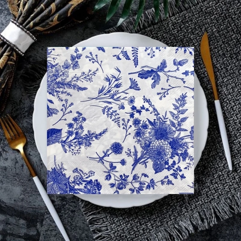 20/8Pcs Vintage Blue and White Porcelain Decoupage Paper Napkins Flower Paper Tissues for Party Wedding Xmas Supplies New 2025