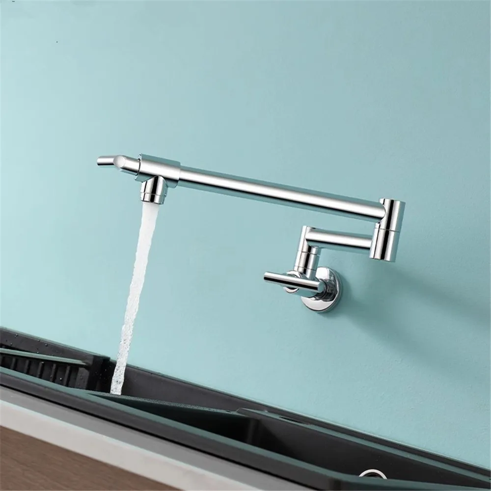 Tuqiu Rose Gold Pot Filler Tap Wall Mounted Foldable Kitchen Faucet Single Cold Sink Tap Rotate Folding Spout Chrome Gold Brass view 3