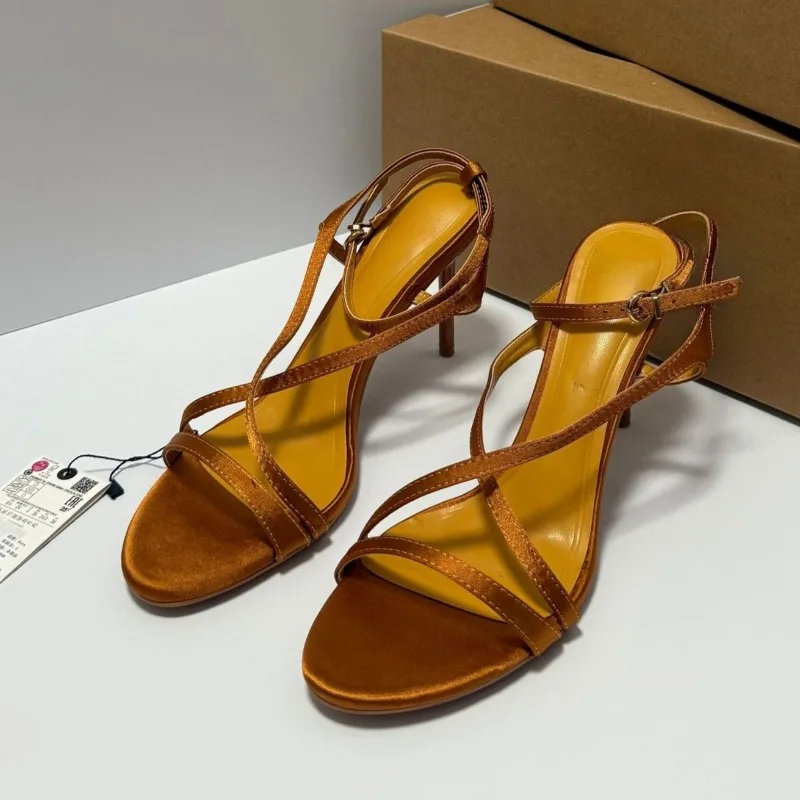 

Elegant Cross Band Summer Women High Heels Sandals Open Toe Ankle Strap Party Prom Stilettos Satin Ladies Wedding Dress Shoes