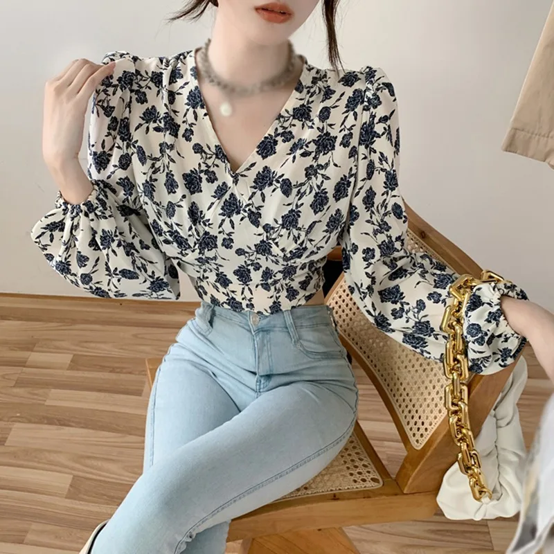 Women\'s Blouses Floral Print V Neck Long Sleeves Chiffon Shirts Ladies Shirts Spring Autumn Casual Tops