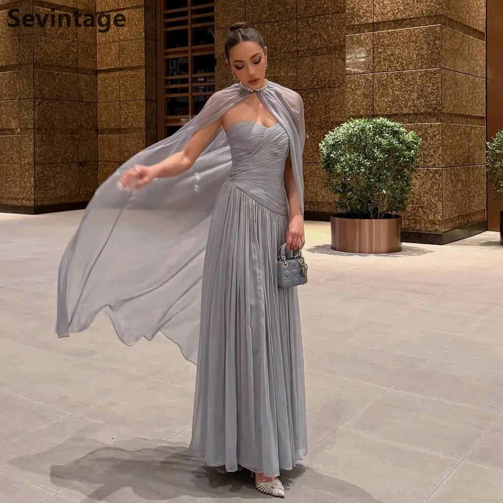 Sevintage 2025 abito da sera maxi pieghettato senza spalline in chiffon di seta abito da ballo formale per festa di nozze abito da festa Dubai personalizzato