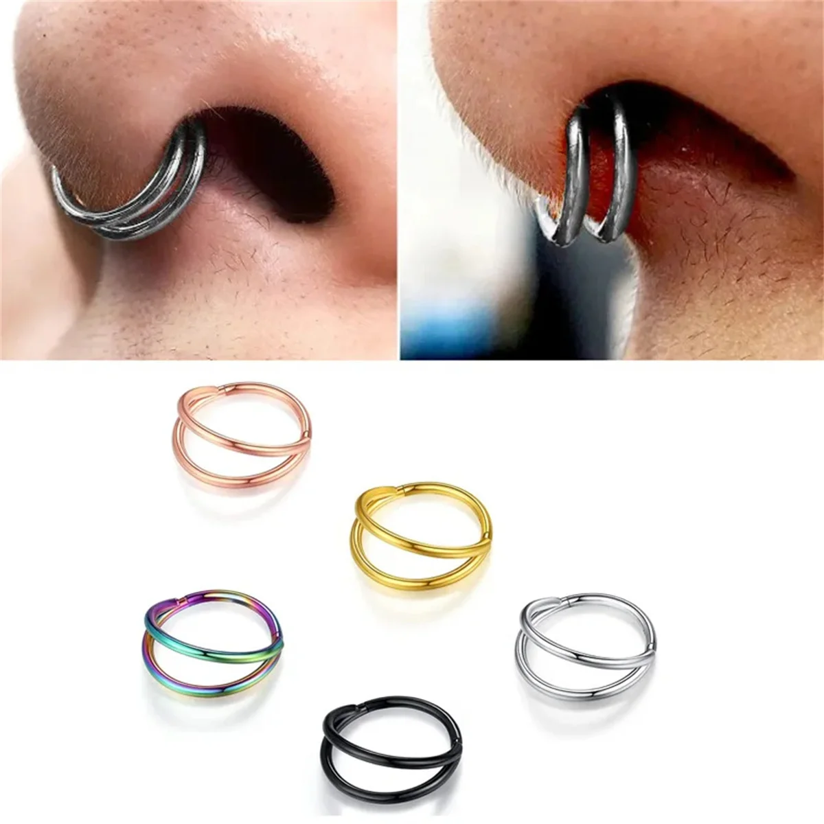 

2Pcs 16G Fashion Stainless Steel Double Hinged Nose Rings Hoops,Septum Clicker Tragus Cartilage Earring Piercing Jewelry