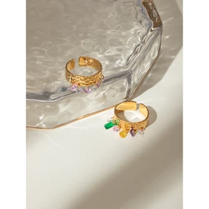 Open anti-allergic ring of stainless steel for women, 18K gold bathed, hammer grain pattern, colorful natural stone, charm, daily jewelry 11 Main Sales Hammer Gold - №3