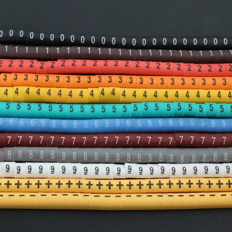 Freeshipping 500/600PCS Cable Markers0.5/ 0.75/1.5/2.5/4.0/6.0/10mm2 Different Number 0123456789+- 12 Digital For Wire Colorful