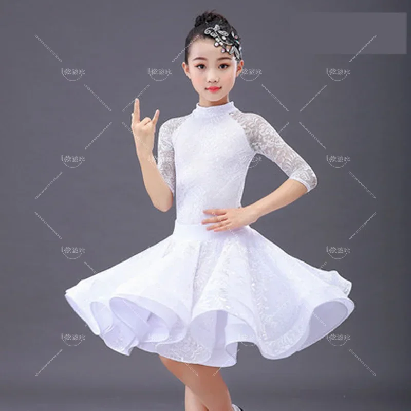 Girls Long Sleeved Latin Dance Dress, Dance Hall Salsa Tango Dress, Children's Lace Latin Dance Slit Dress and Skirt