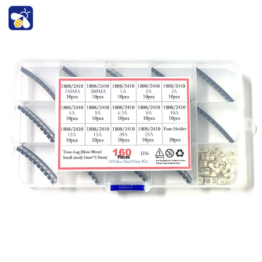 160 szt. 15 szt. 250 V 500 mA 1 A 2 A 3 A 4 A 5 A 6,3 A 8 A 10 A 12 A 15 A 20 A 25 A 250 V 1808/2410/6125 Zestaw bezpieczników ceramicznych SMD z powolnym wydmuchem