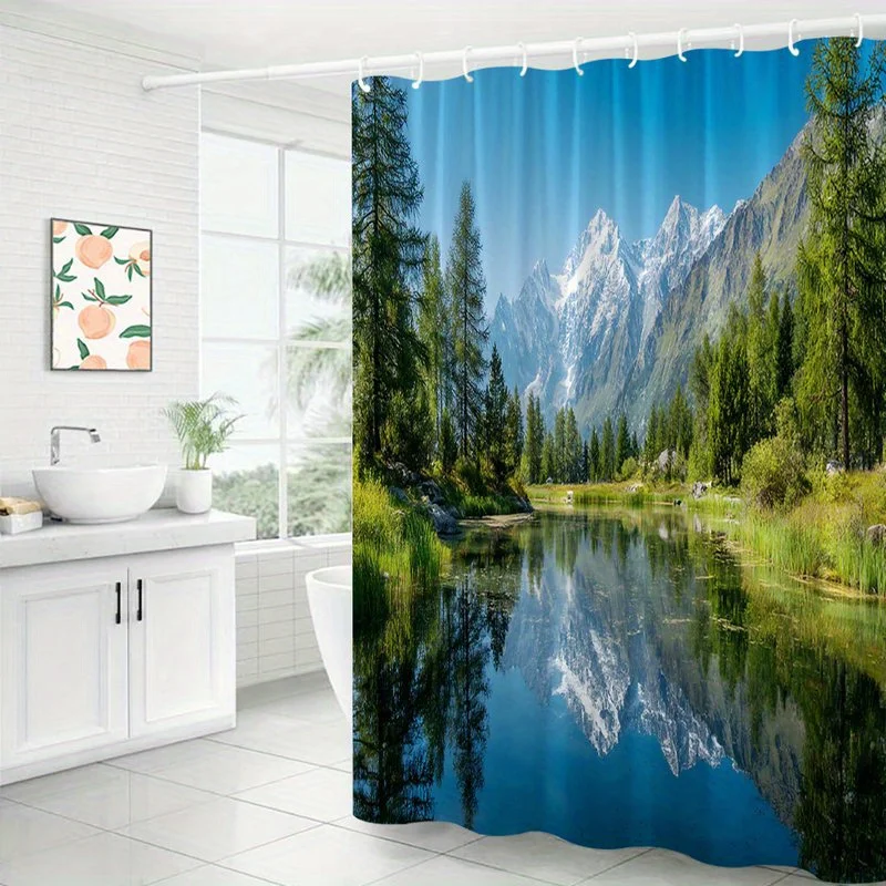 1pc Mountain Reflection Lake Shower Curtain - Alpine Lake with Snow-Capped Peaks, Verdant Pines & Rocky Slopes Under Clear Blue