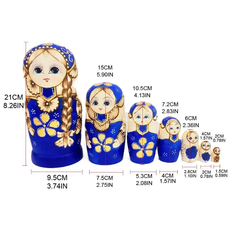 7pcs Blue Russian Nesting Dolls Wooden Matryoshka for Children Kids Gift Dropship