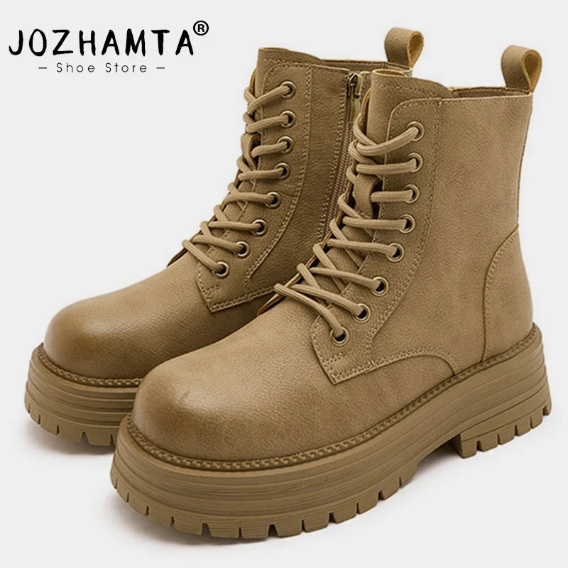 JOZHAMTA Size 34-40 Real Leather Ankle Boots Women Hike Treval Thick Heels Shoes Platform Motorcycle Boots Retro Combat Boots