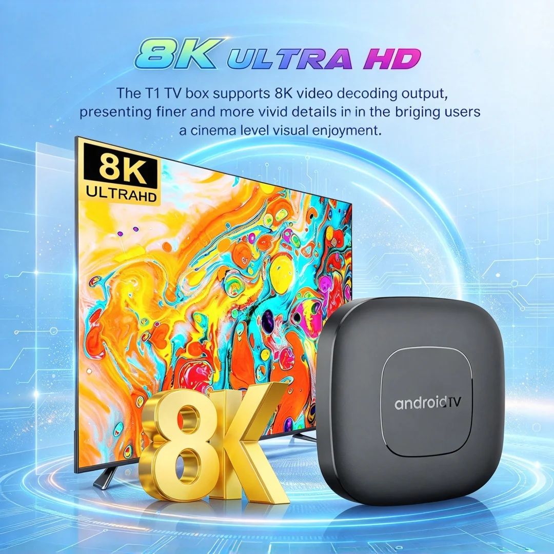 Android 16 8K Smart TV Box T1 8GB 256GB Support 4K HD Video 5G WiFi6 BT5.4 Voice Remote Assistant Home Audio Video Media Player