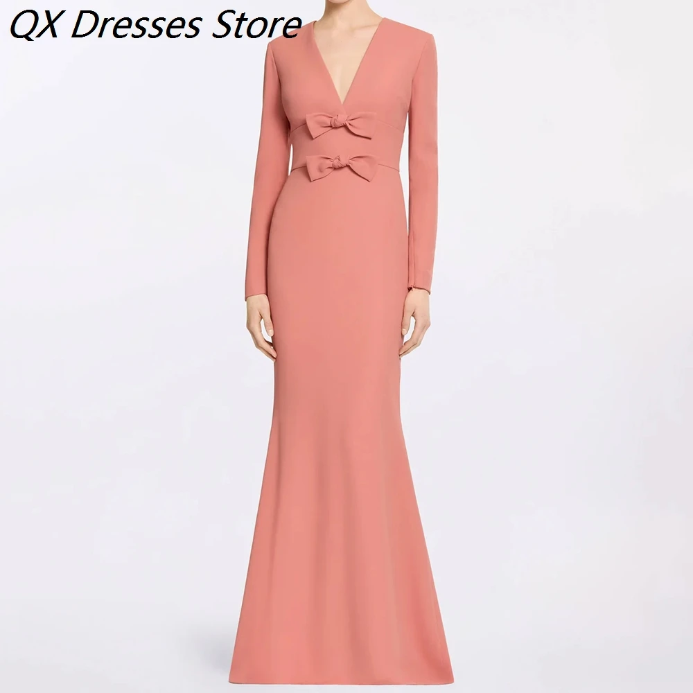 

Women's A-line Evening Dresses Floor-length V-neck Full Sleeve Prom Dresses Fashion Bow Simple Draped Casual Customized Gowns