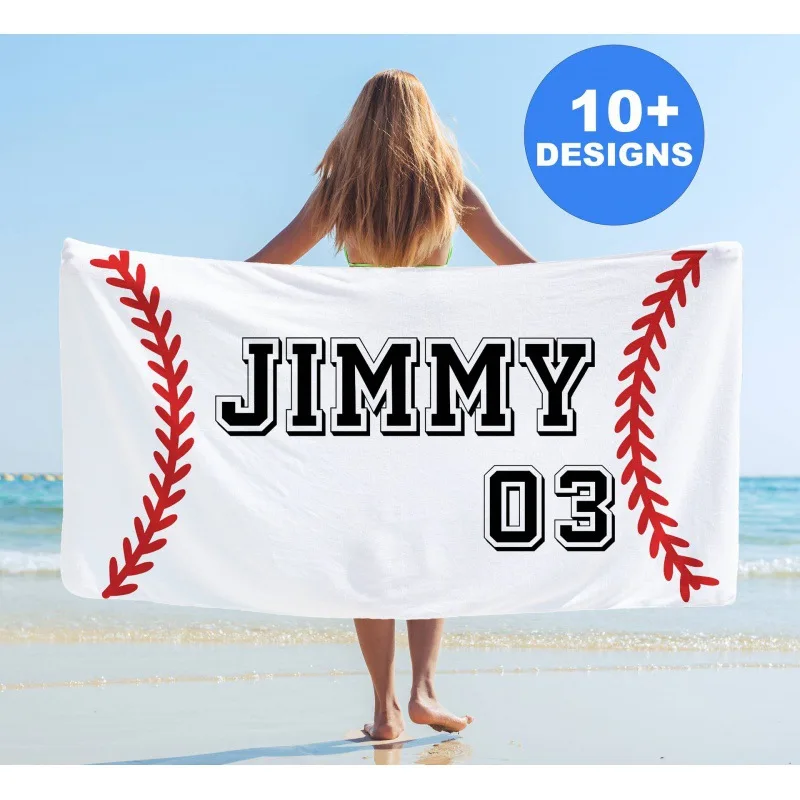 Custom Children Name Beach Towel Football Basketball Ball Pattern Block Font Personalized Bath Towels for Home Pool Kids Gift