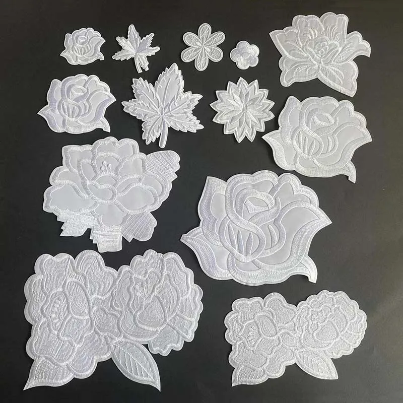 White flowers Fabric Applique Clothes Stickers patch thermocollant,Floral Embroidery Iron On Patches Clothing Sewing Supplies