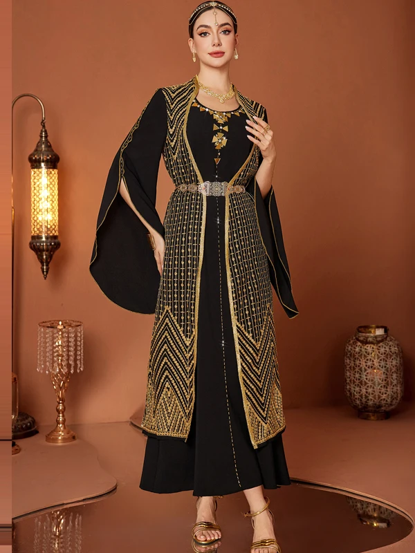 

Retro Sle Embroidered Golden National Women's Dr Fake Two-Piece Long Skirt Faionable Middle East Arab Dubai Gown