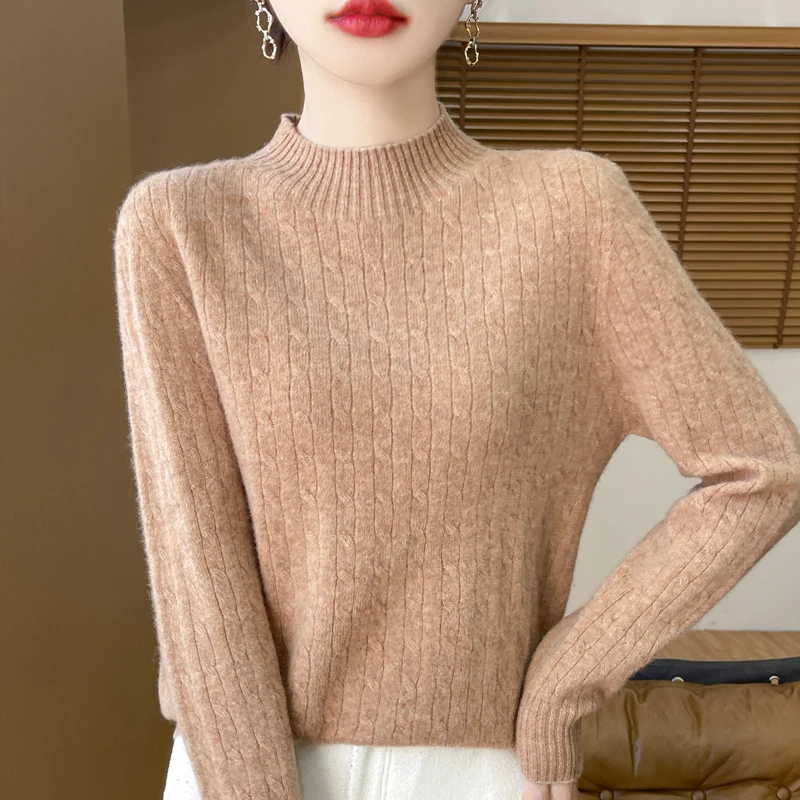 Classic Seamless Women Knitwear 100% European Wool Pullover Fashion Sweater Half height Neck Twisted pattern style Loose Tops