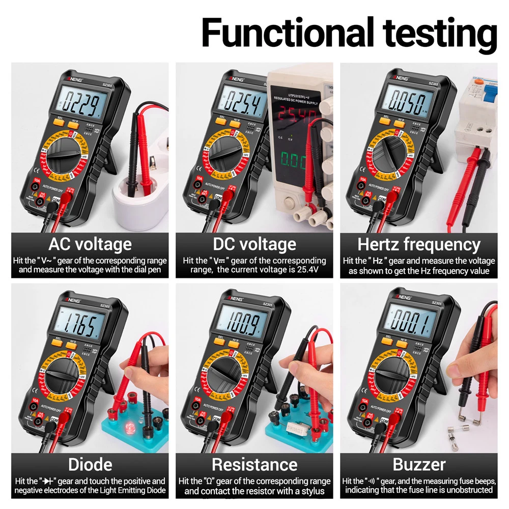 SZ304 SZ305 Digital Multimeter AC/DC Voltmeter Ammeter Non-contact Voltage Detector Electric Current Tester Hz Diode Capacitor