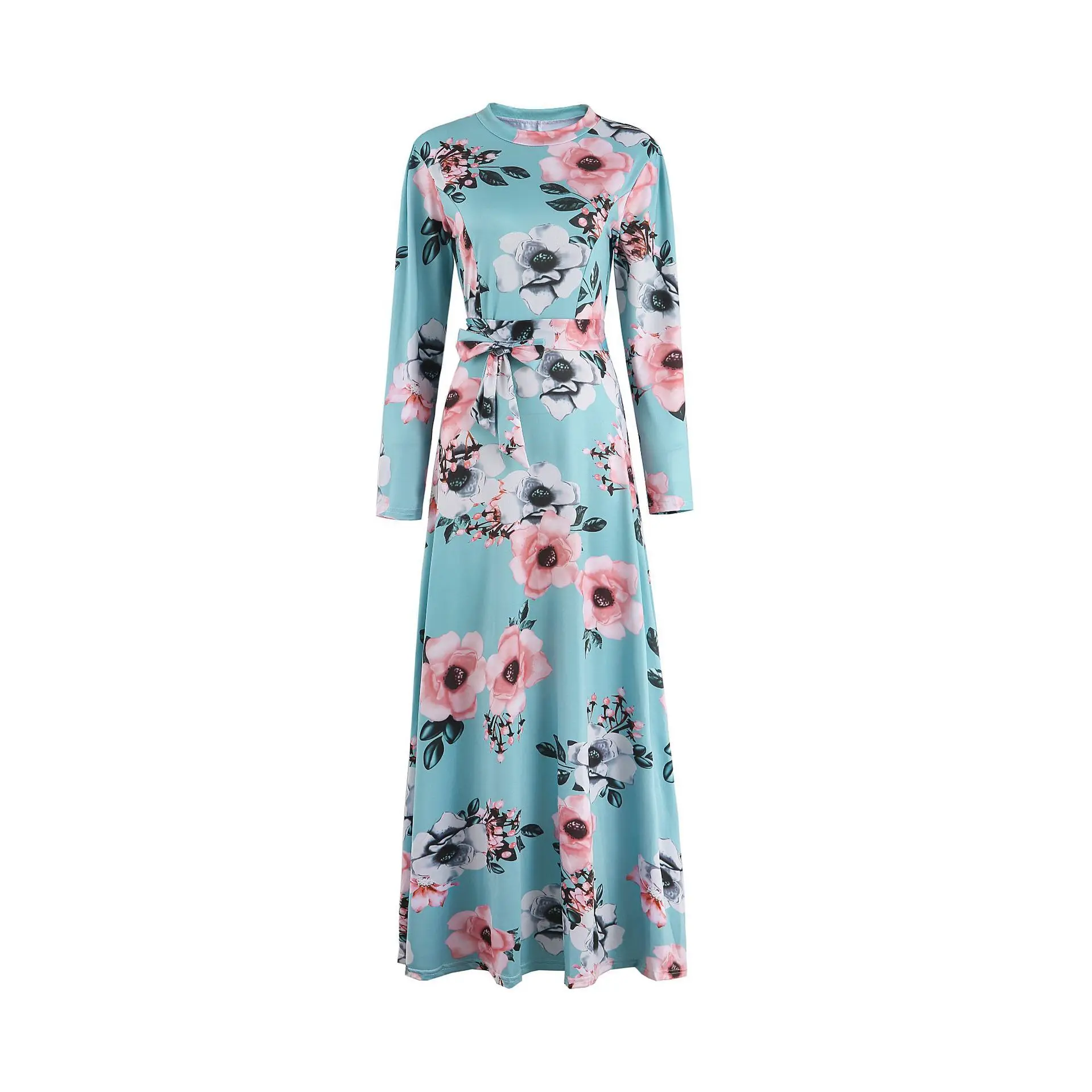 

New European and American style floral print long sleeved large hem dress for women