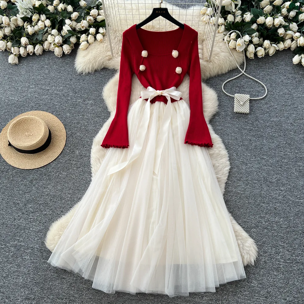 

Women Mesh Spliced Dresses Lace Up Dress Flared Sleeves A Line Ankle Lenth Waist Cinch Slim Fit Casual Office Lady 2025 Spring