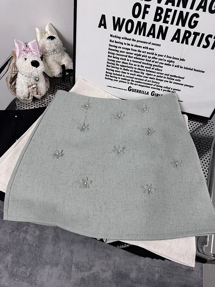 Women Grey Mini Skirt Vintage High Waist A-line Skirt Harajuku Korean Style Y2k 3D Floral Short Skirts 2000s Clothes Summer 2026