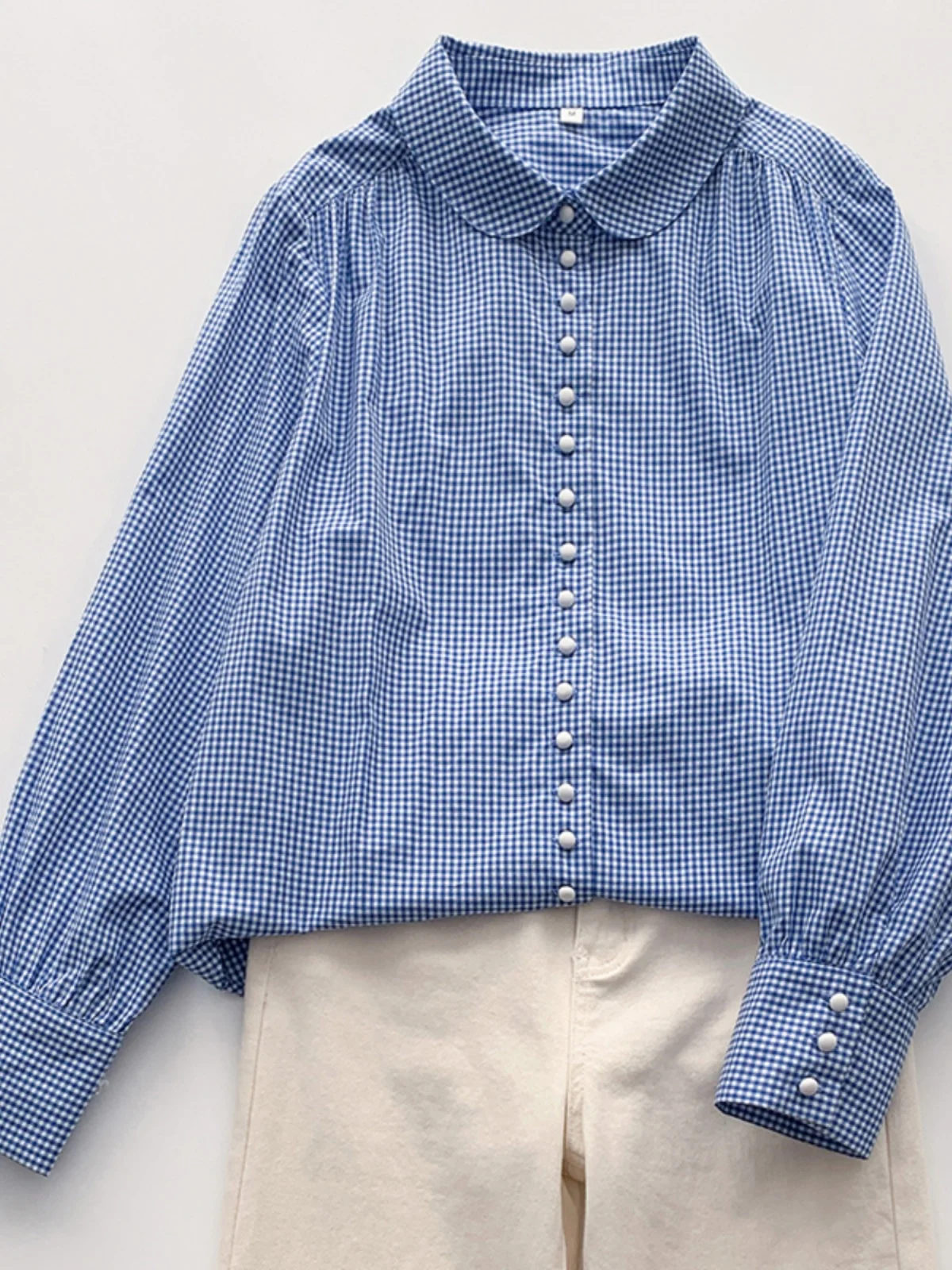 Retro japanisches blau-weiß kariertes lockeres langes Sve Damen irt Peter Pan Kragen künstlerisches Sle Frühling Sommer faionable Top