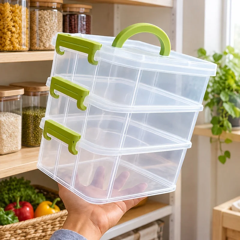 Transparent Multi-Section Storage Box with Four Compartments, Portable Plastic Drawer for Small Toys and Accessories