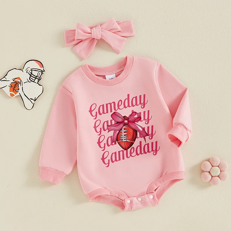 2024-05-28 Lioraitiin 0-18M Baby Girls 2Pcs Set Rugby Letter Bow Print Long Sleeve Sweatshirt Romper Headband Adorable Outfits