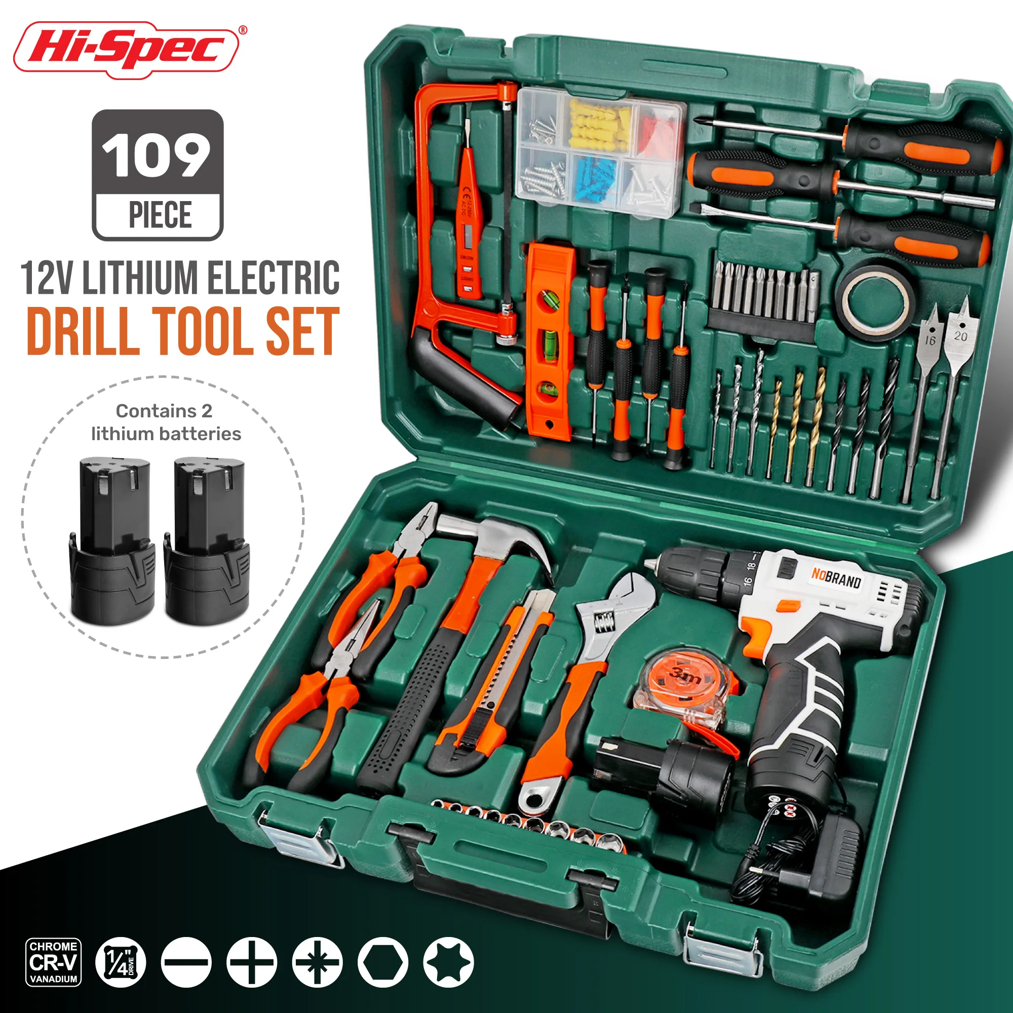 

Hi-Spec109PCS Set Electric Cordless Drill 12v Screwdriver With Lithium Batteries Driller Parafusadeiras Professional Power Tools