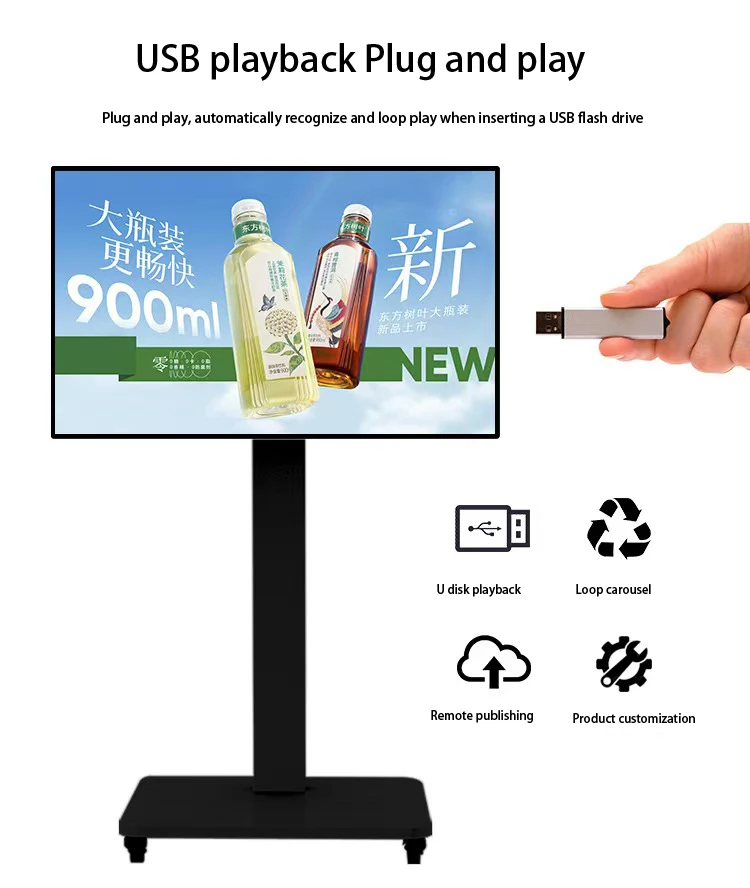 Beweglicher 49-Zoll-Digital-Signage-Displayständer aus hochhellem Metall für Außenwerbung auf LCD-Bildschirmen