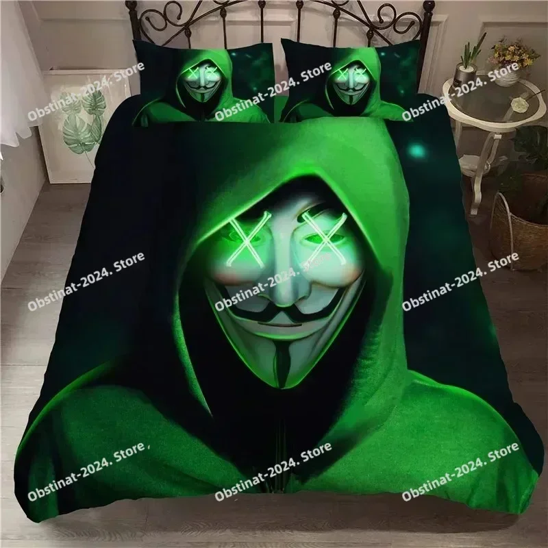3D Anonymus with Mask Bedding Set Printed single Comforter Quilt Bed Cover Duvet Cover Pillow Case 3 Pieces Sets Kids Adult Size