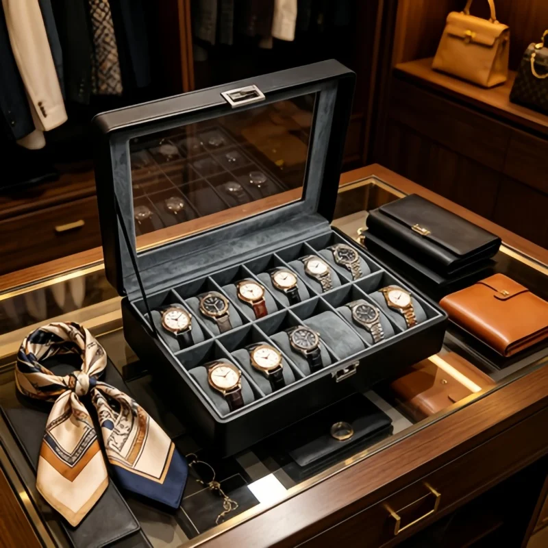 

7Pcs Watch Storage Set, 12 Slot Black Leather Watch Box + 6 Beige Self-Closing Storage Pouches for Men