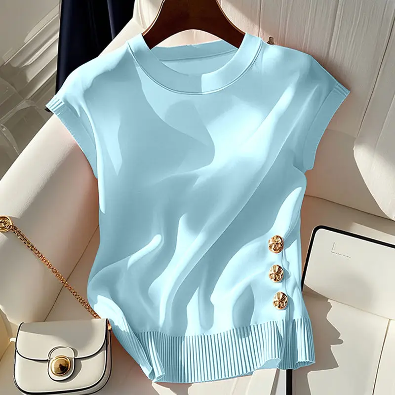 French Light Luxury Style Beautiful Pink Round Neck Knitted Sleeveless T-shirt for Women in Summer Chic Age-reducing Top