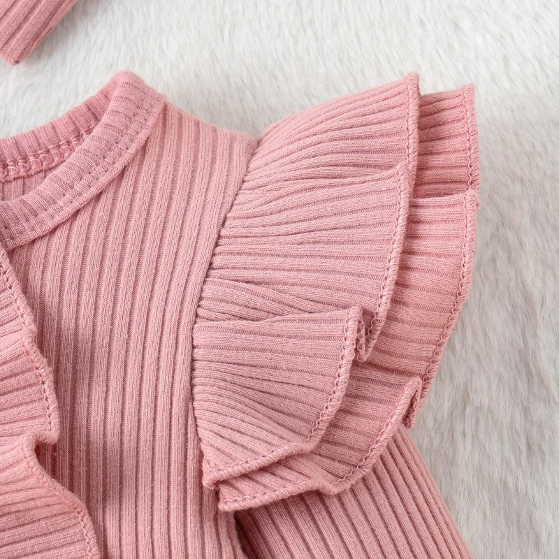 0-6M Newborn Infant Baby Girl Clothes Ruffle Long Sleeve Romper Solid Knit Ribbed Bodysuit Jumpsuit Coming Home Outfit