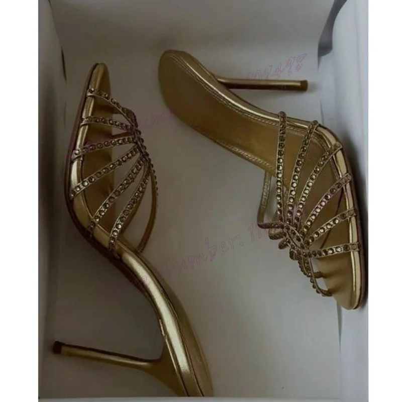 

Gold Crystal Decor Cut Heels Slippers Open Toe Shoes for Women Stilettos High Heels Evening Shoes 2024 Zapatos Para Mujere