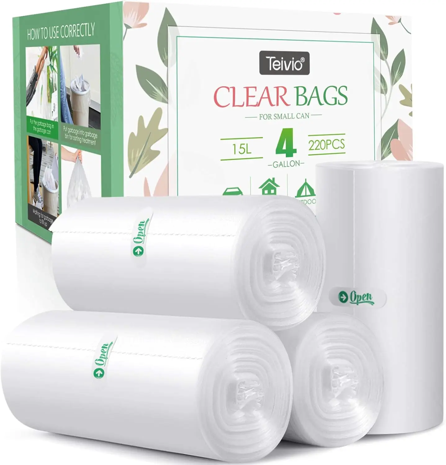 

4 Gallon 220 Counts Strong Trash Bags, Fit 12-15 Liter for Home Office Kitchen, Clear Plastic Garbage Bin Liners