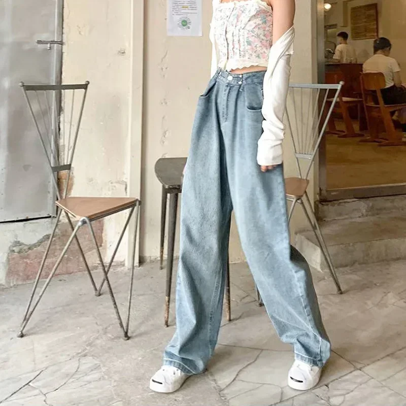 Women Denim Vintage Wide Leg Pants Jean Washed Loose Fit High Waist Jeans Pockets Zipper Fly Solid Full Length Pants Basics