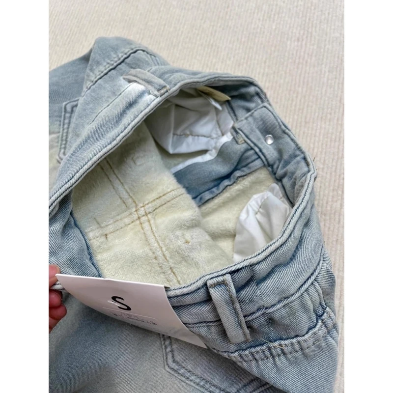 Light Blue  High Waist Straight Leg Jeans Women's Fleece Lined Loose Fit Long Trousers American High Street Style Winter Fashion