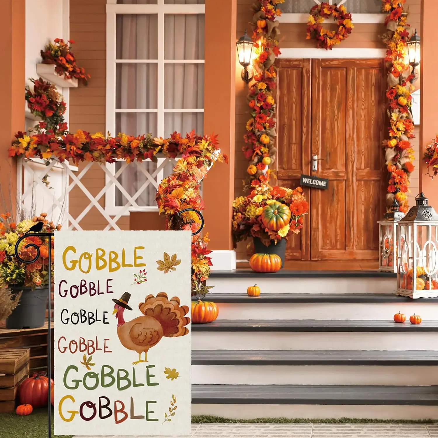 Gobble Thanksgiving Turkey Fall Garden Flag 12x18 Inch Double Sided Small Mini Yard Outdoor Outside Holiday Decoration